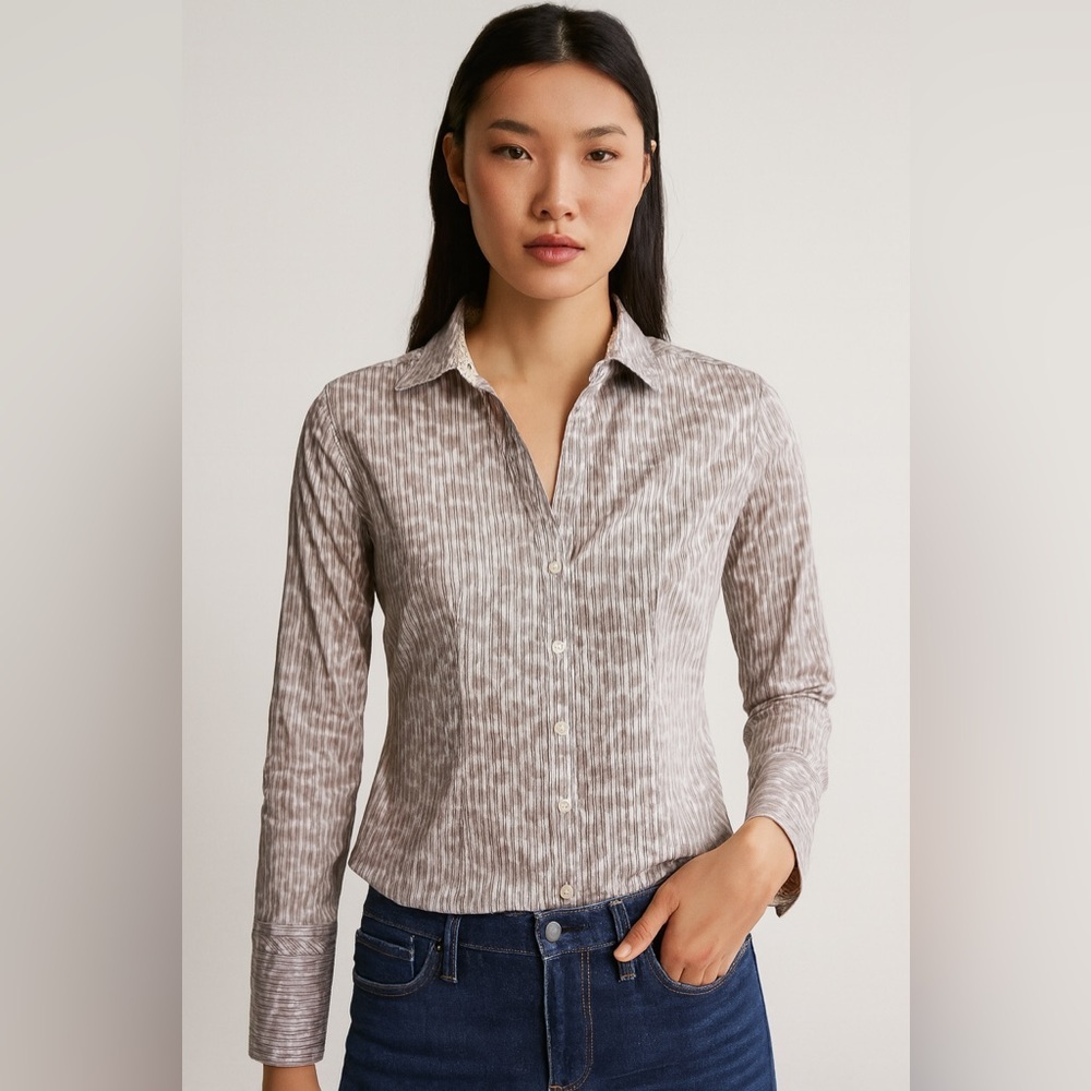 Express Button-Down Shirt Medium – Gray Stripe & Abstract Print Blouse